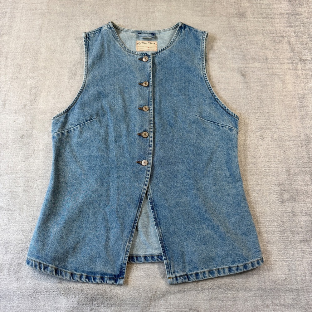 We The Free Denim Vest Women Large Blue Button Front Split Hem Boho Western